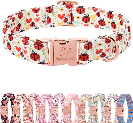 Cute Dog Collar for Puppy Small Dogs - Red Ladybug & Blooms Dog Collars, Adjustable Heavy Duty Pet Collar for Dog Moms & Kids with Metal Buckle XS