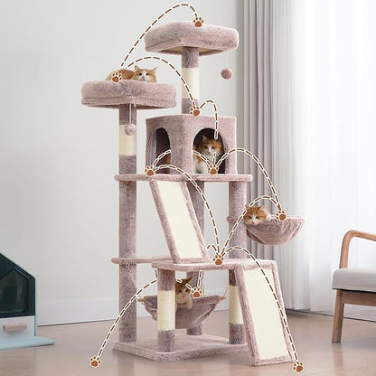 Gitelsnour Multi-Level Cat Tree for Indoor Cats, Cat Tower with 2 Scratching Boards, 2 Plush Padding Platforms, Cat Condo House with Hammock, Basket, Muchroom GCT022MU