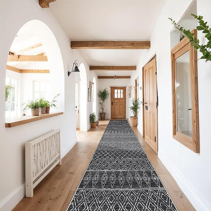 Moroccan 2'6"x12' Hallway Runner Rug: Washable Non Slip Bedroom Rugs - Soft Long Low Pile Farmhouse Neutral Carpet for Entryway Kitchen Laundry 2'6"x12' Black
