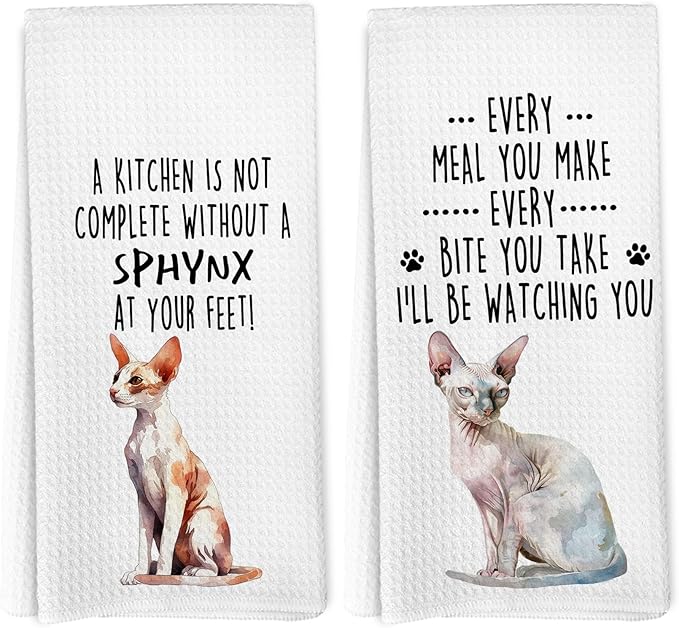 Funny Sphynx Cat Kitchen Towels, Sphynx Cat Mom Lady Lovers Gifts for Women Hand Towels, Gifts for Pet Lovers Dishcloths Dish Towel for Kitchen 16x24 Inches Set of 2