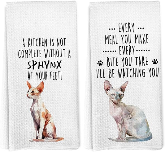 Funny Sphynx Cat Kitchen Towels, Sphynx Cat Mom Lady Lovers Gifts for Women Hand Towels, Gifts for Pet Lovers Dishcloths Dish Towel for Kitchen 16x24 Inches Set of 2