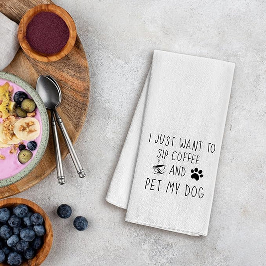 Funny Coffee Kitchen Towels 16x24 - Dog Kitchen Towels, Coffee Kitchen Decor, Coffee Towels Gifts for Coffee Bar, Funny Kitchen Decor, Dog Lovers Gifts, I Just Want to Sip Coffee and Pet My Dog