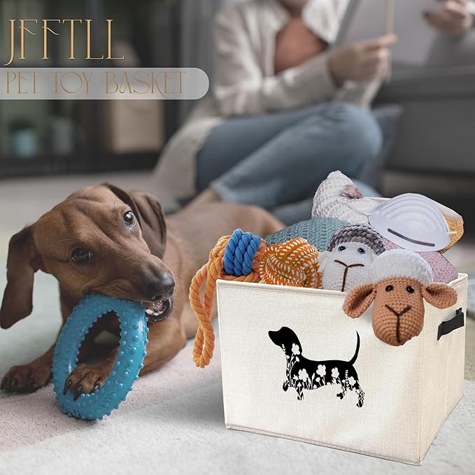Black Floral Dachshund Dog Toy Basket, Dachshund Home Decor, Weiner Dog Gifts for Women Men Collapsible Pet Dogs Toy Storage Bin Box Basket Organizer, Pet Supplies for Dogs