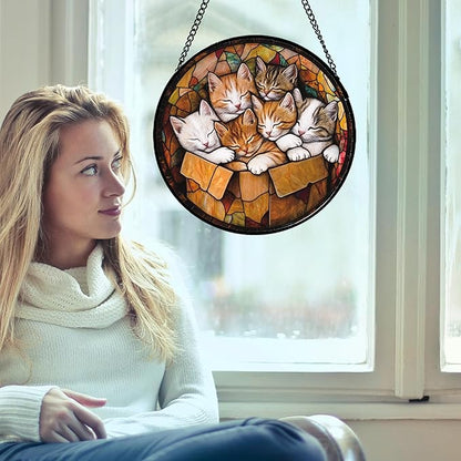 Stained Glass Window Hanging 6 Cute Kittens 9.8" - Cat Gift Suncatcher Door Sun Catcher Decor Birthday Christmas for Lost Pets Mom Men Woman Friend