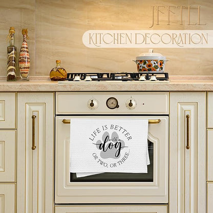 Funny Dog Lover Kitchen Towels, Pet Lover Gifts Dish Tea Towels for Kitchen Decor, Life is Better with a Dog Decorative Hand Towel for Bathroom, 16x24 Inch