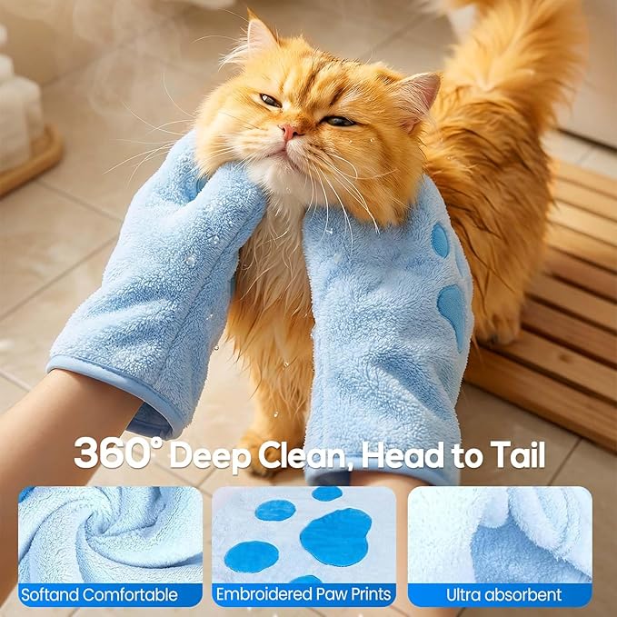 Paw Bathing Towel for Cats Puppy, Machine-Washable Reusable Pet Grooming Towel - Soft, Absorbent Quick-Dry Bath Mitt for Dirt Odor Removal, Daily Care & Travel (Grey)