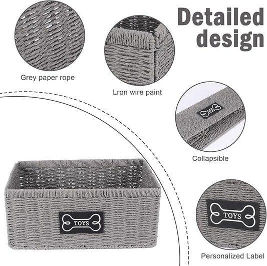 Geyecete dog toy basket,square Living pet toy bin basket Wicker dog toy box Foldable Pet Toy Storage Organizer, Grey Paper Rope & Steel Wire Basket