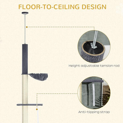 PawHut Floor to Ceiling Cat Tree, 5-Tier Cat Climbing Tower, 95''-106'' Height Adjustable with Carpeted Platforms, Cozy Bed, Hammock, Scratching Post & Toy Ball for Indoor Cats, Dark Gray and Cream