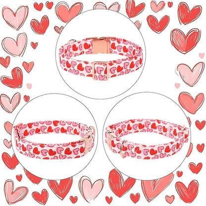 Valentines Dog Collar, Pink Heart Print Girl Dog Collars, Cute Valentine Puppy Collars, Adjustable Heavy Duty Pet Collar for Small Medium Large Dogs with Metal Buckle XL