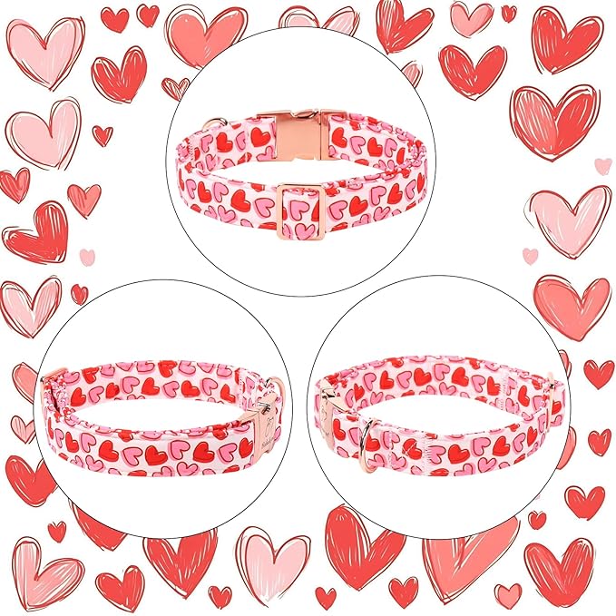 Valentines Dog Collar, Pink Heart Print Girl Dog Collars, Cute Valentine Puppy Collars, Adjustable Heavy Duty Pet Collar for Small Medium Large Dogs with Metal Buckle XS