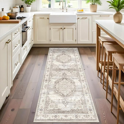 2x6 Non-Slip Runner for Hardwood Floors: Washable Short Hallway Kitchen Rug Vintage Soft Floor Mat for Living Room Bedroom Accent Farmhouse Carpet for College Dorm Stain Resistant Area Rug(Beige,2x6)
