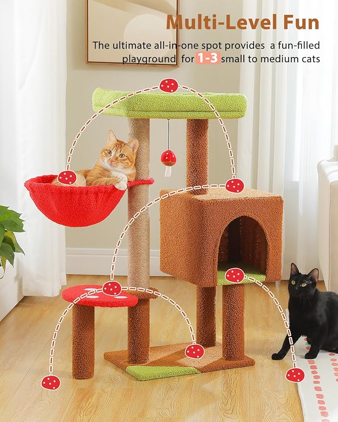MUTTROS Mushroom Cat Tree with Sisal Scratching Posts, 35.4" Cute Cat Tower Cat Condo w/Large Green Top Perch, Soft Red Hammock, and Mushroom Dangling Ball, for Small-Medium Cats, Brown