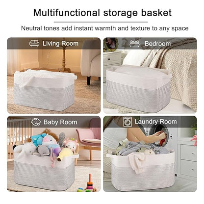 OIAHOMY Extra Large Blanket Basket, 95L Woven Storage Basket, Cotton Rope Toy Bin for Baby Room, Container for Storage in Living Room, 24''×17''×14'', Black & White