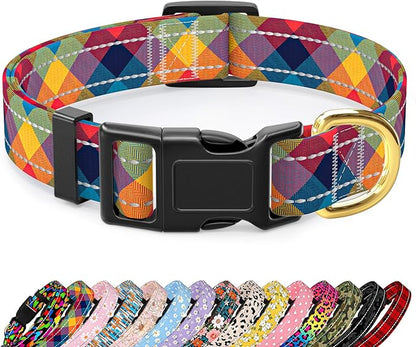 Reflective Dog Collar for Medium Dogs, Cute Boho Adjustable Heavy-Duty Nylon Puppy Collar for Boy and Girl Female, Soft Pet Accessories with Quick Release Buckle, Colorful Tartan