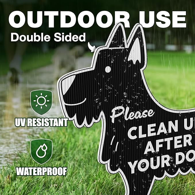 Clean Up After Your Dog Signs with Stakes, 11 x 10 Inch Black Dog Shaped Double Sided No Pooping Signs for Yards for Yard, Weather-Resistant Corrugated Plastic Lawn Sign