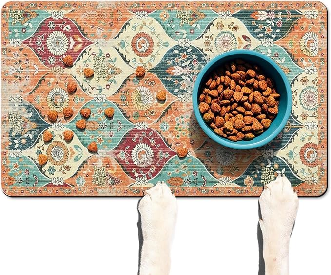 Dog Food Mats for Floors Absorbent, Cat Food Mat - Pet Cat Feeding Mat Quick Dry, Dog Bowl Mats for Water, Pet Supplies Feeding Placemat 12" x 20" Orange Boho