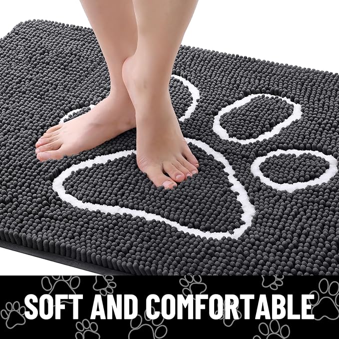 Smiry 2 Piece Dog Door Mat for Muddy Paws, Absorbent Dirt Trapper Non Slip Quick Dry Washable Chenille Mat for Mud Dogs, Entry Rug for Indoor and Outdoor (30x20 Inches, Dark Grey)