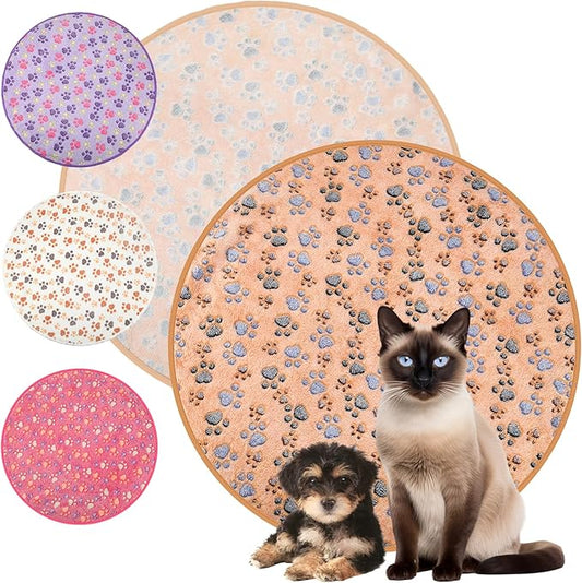 Tatuo 4 Pcs Dog Blanket for Pet Cat Blankets Indoor Puppy Teething Stuff Toys Paw Print Fleece Soft Blanket Sleep Mat for Guinea Pig Cage(White, Coffee, Pink, Purple,29 x 29 Inches,Round)