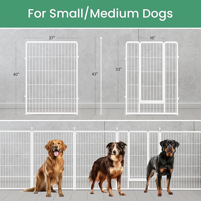 HealSmart Dog Playpen Indoor, Puppy Playpen Indoor Outdoor for Yard, Camping, RV, 40" Height 16 Panels Heavy Duty Dog Pen for Medium/Large Dogs, White