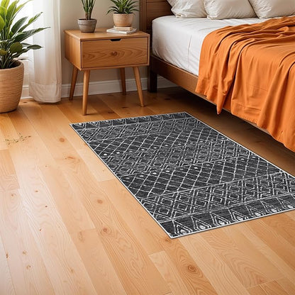 Washable 2x3 Entryway Area Rug: Moroccan Low Pile Small Rugs - Non Slip Farmhouse Thin Bathroom Carpet - Pet Friendly Indoor Floor Mat Front Door for Kitchen Bedroom 2x3 Black