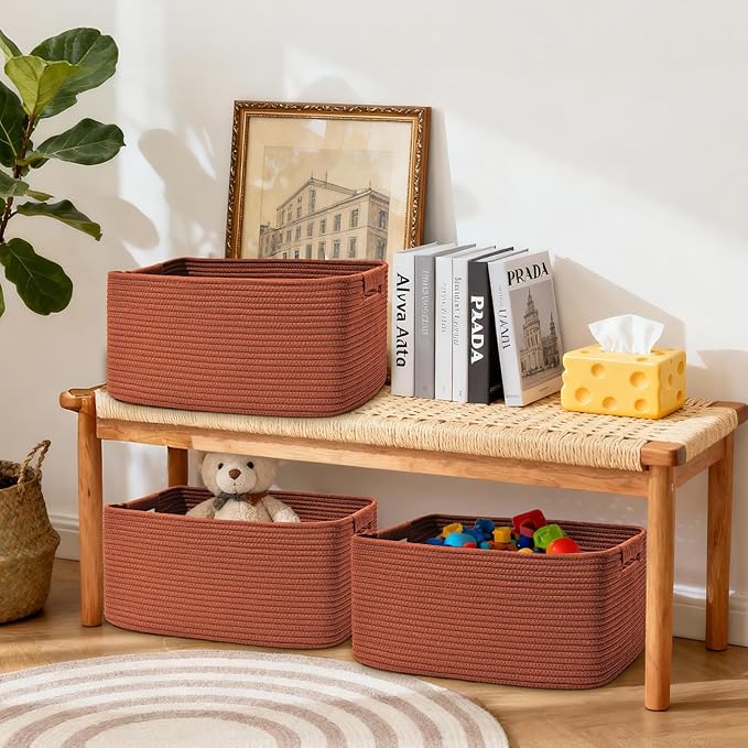 3 Pack Large Storage Basket for Organizing, 17.5"x13"x7" Woven Basket for Shelves, Closet Cube Storage Bins with Wrapped Handle, Cotton Rope Baskets for Kitchen, Clothes, Toys(Oxide Red)