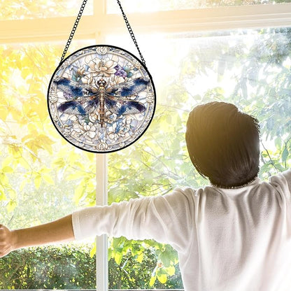 Stained Glass Window Hanging, Dragonfly Flower Suncatcher for Doors Home Sun Catchers Decoration and Christmas, Mother's Day Birthday Gifts for Women, Men, and Mom 7.8 in