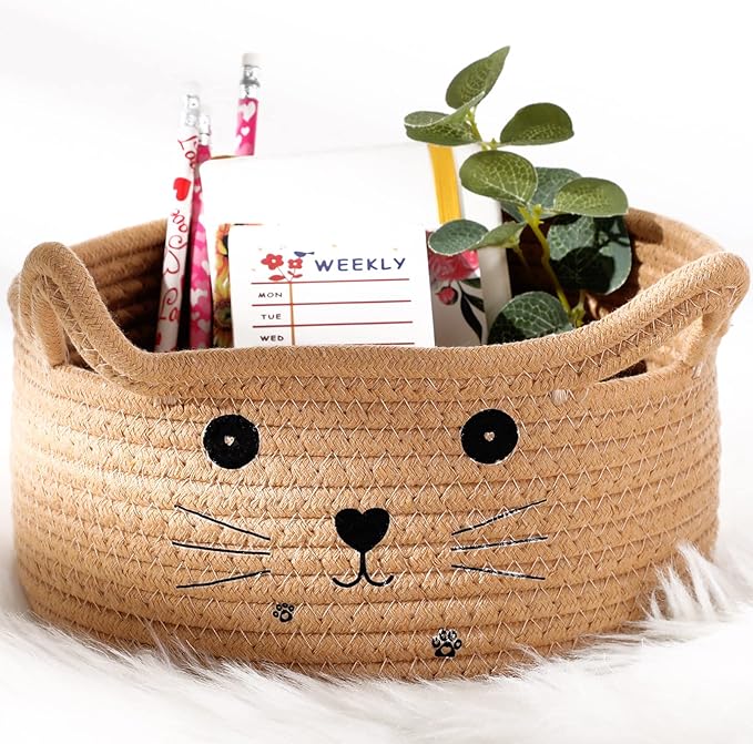 Zopeal Cat Basket Storage Woven Organizer with Ears Easter Decorative Pet Toy Cute Cotton Rope Basket for Gift Cat Dog Toy Bin Nursery Room(8.3 x 4.7 Inch,Khaki)