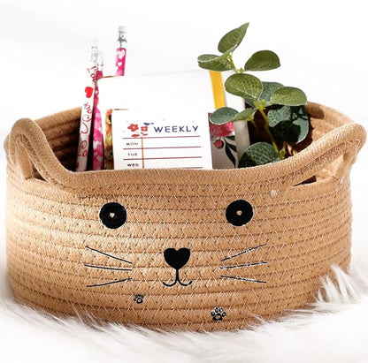 Zopeal Cat Basket Storage Woven Organizer with Ears Easter Decorative Pet Toy Cute Cotton Rope Basket for Gift Cat Dog Toy Bin Nursery Room(8.3 x 4.7 Inch,Khaki)