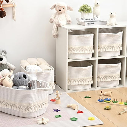 2 Pack Storage Basket for Shelves, Boho Cotton Rope Storage Bins with Heavy Tassel, Shelf Baskets Large Woven Baskets for Organizing, Cube Organizer Bins, Baby Laundry Basket for Clothes, Toys, Pets