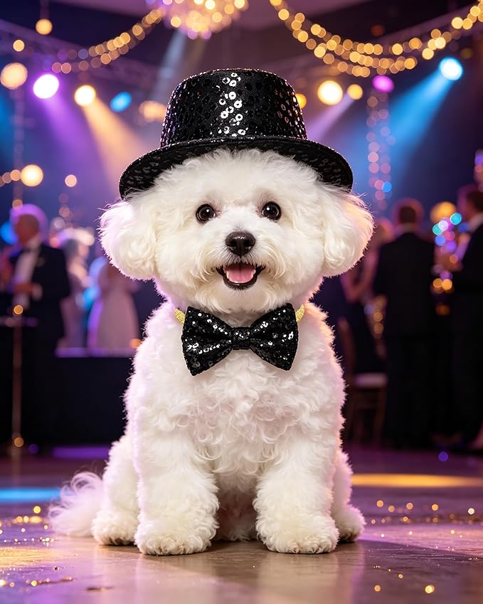 PET SHOW 2 Pack Small Dog Top Hat & Collar Bowtie Black Adjustable Cat Sombrero Hat Formal Bow Tie Halloween Cosplay Costume New Year Pet Birthday Party Holiday Decoration