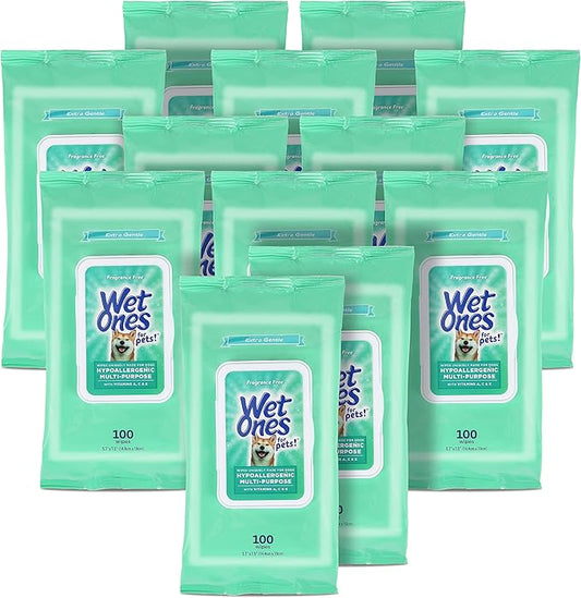 Wet Ones for Pets Hypoallergenic Multi-Purpose Dog Wipes with Vitamins A,C & E,Fragrance-Free Hypoallergenic Dog Wipes for All Dogs Wet Ones Wipes Multipurpose (FF14364PCS12)(Pack of 12,1200 Count)