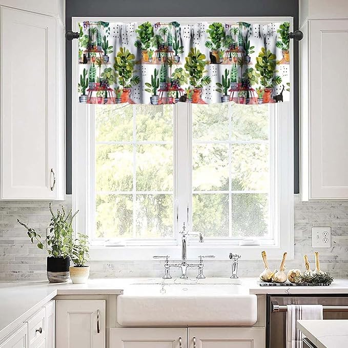 Bohemian Flower Window Valance Curtains, Colorful Boho Floral Black Cats Green House Plants Potted Flower Cactus Valance Curtain for Farmhouse Bedroom Living Room Kitchen 54x18inch