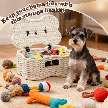Dog Toys Bin, Cotton Rope Basket Bone Shaped Pet Toys Organizer, Handmade Pet Toy Bin, Woven Baskets for Storage, 14.96" x 11.22" x 6.5"inch