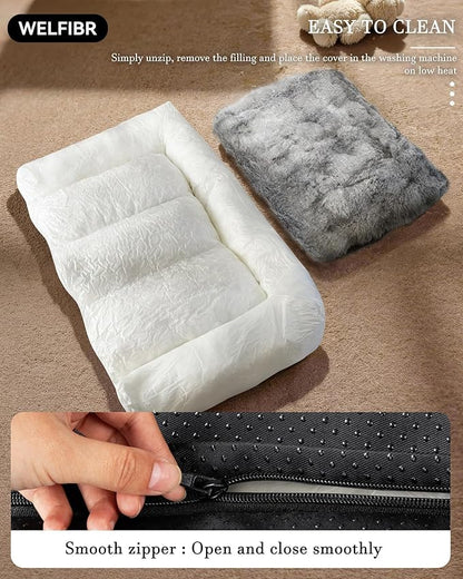 Dog Bed with Shredded Foam Filling, 35" * 25" Calming Pet Sofa with Removable Washable Cover, Soft Faux Fur Bolster Couch for Dogs, Anti-Slip Bottom (Gray, Small)