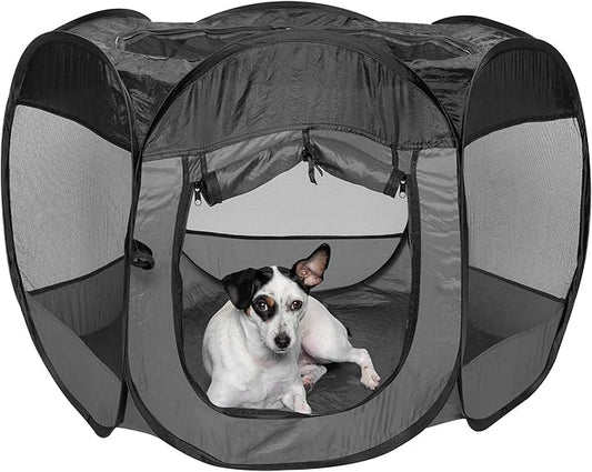 Furhaven Portable Dog Playpen Cat Tent, Pet playground,Kennel foldable indoor outdoor zippered puppy crate - Gray, Medium