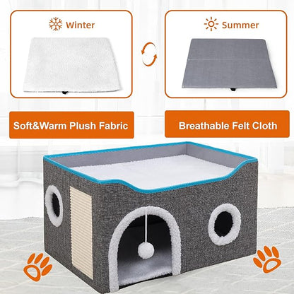 Loyareal Cat Houses for Indoor Cats - Large Cat Bed Cave with Scratch Pad and Fluffy Ball, Foldable Cat Condo Hideaway with Reversible Cushion for Multi Small Pet, Light Grey