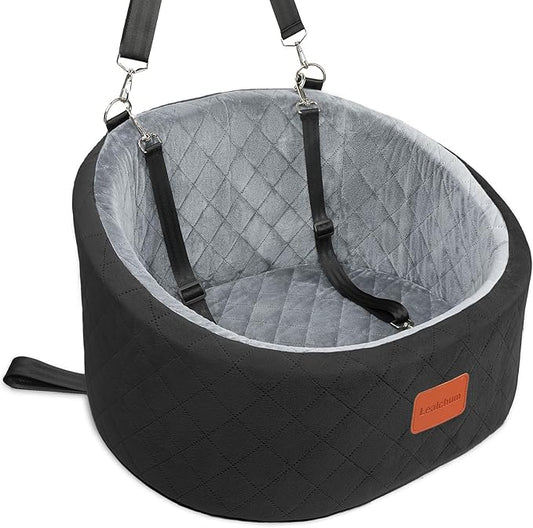 Dog Car Seat for Small Dogs Up to 30 Lbs,Ultra Soft Fabric Fill in Comfy Memory Foam,Happy Pet Ride,2 Safety Dog Leashes,Fully Detachable and Washable,Anti Slip Base(Black/Grey)