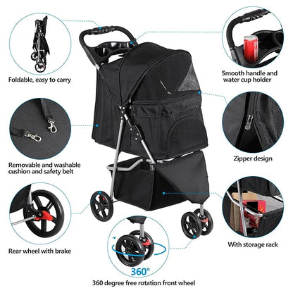 LEMY 3 Wheels Pet Dog Cat Stroller for Small Medium Dogs Cats,Black Foldable Jogger Travel Puppy with Detachable Carrier