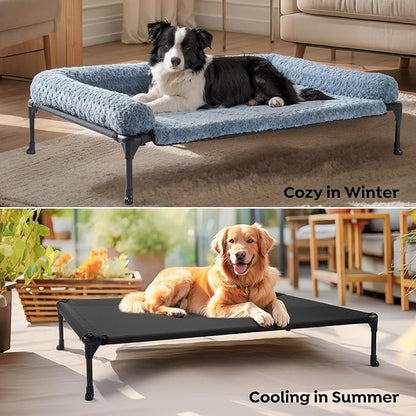 Veehoo Orthopedic Elevated Dog Bed Add Removable Deluxe Rose Plush Bolster Cushion Mat, 35" x 22" Washable Dog Couch Bed, Raised Pet Cot with Breathable Teslin Mesh, No-Slip Feet, Haze Blue, CWC2439B