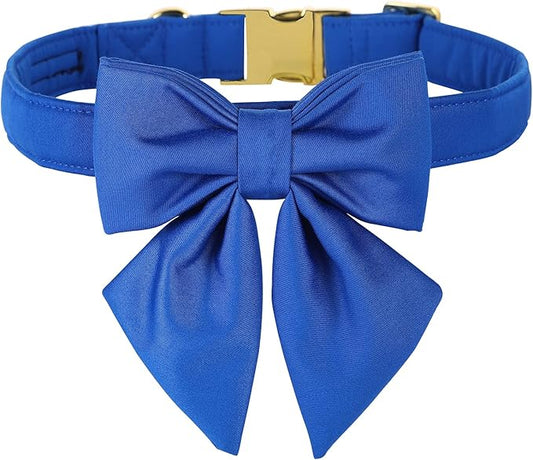Maca Bates Klein Blue Dog Collar with Cute Solid Sailor Bow Tie for Large Girl Boy Dogs,Adjustbale Durable Breakaway Soft Collars with Bowtie for Female Male Puppy,Pet with Metal Buckle