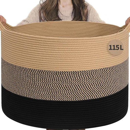 INDRESSME 115L Extra Large Blanket Basket for Apartment Décor, Woven Baby Laundry Hamper Shoe Basekts for Entryway, Wicker Storage Basket for Organizing, Camel Mix & Black