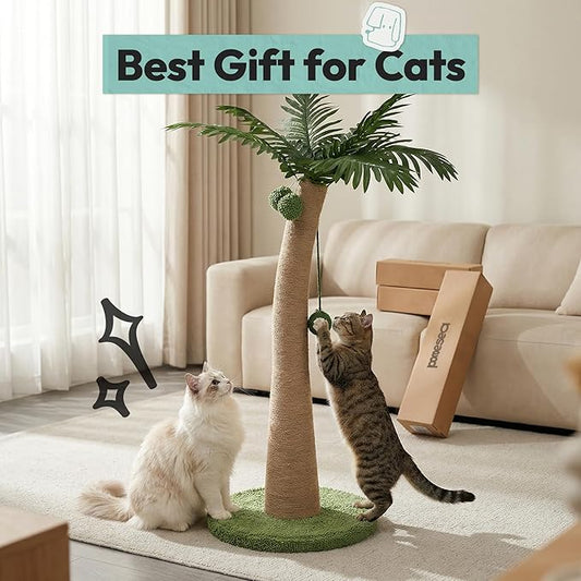 33" Tall Cat Scratching Post, Natural Jute Cat Scratcher for Indoor Cats, Coconut Tree Design with Hanging Toy Ball & Rest Platform, Stable Furniture Protector for Kittens & Adult Cats, S