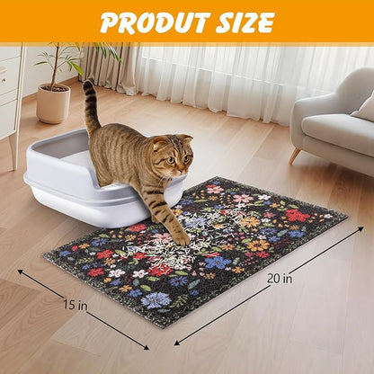 Cat Litter Mat, 20x15 in Litters Box Mat Waterproof Non-Slip Easy to Clean Washable Trapping Mat for Kitty(Black Leaves)