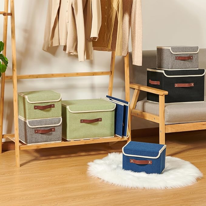 Storage Boxes with Lid Cotton Linen Fabric Storage Bins Organizer Container Decorative Collapsible Washable Shelf Baskets Faux Leather Handles for Home Bedroom Closet (Green, Large Size)