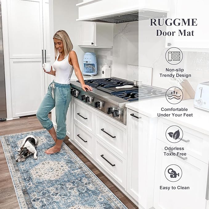 RUUGME Washable Runner Rug 2x7 - Vintage Kitchen Area Rug Stain Resistant Rugs for Living Room Bedroom Laundry Room Mat Distressed Rug Hallway Floor Carpet Runner for Bathroom 2'x7' Aqua Blue