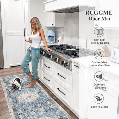 RUUGME Washable Runner Rug 2x7 - Vintage Kitchen Area Rug Stain Resistant Rugs for Living Room Bedroom Laundry Room Mat Distressed Rug Hallway Floor Carpet Runner for Bathroom 2'x7' Aqua Blue