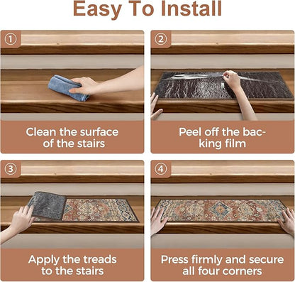 Non Slip Stair Treads for Wooden Steps 15PCS - 8"x30" Indoor Safety Carpet, Edging Mats with TPE Adhesive Backing, Pet and Elderly Friendly Stair Rugs (Antique Red)
