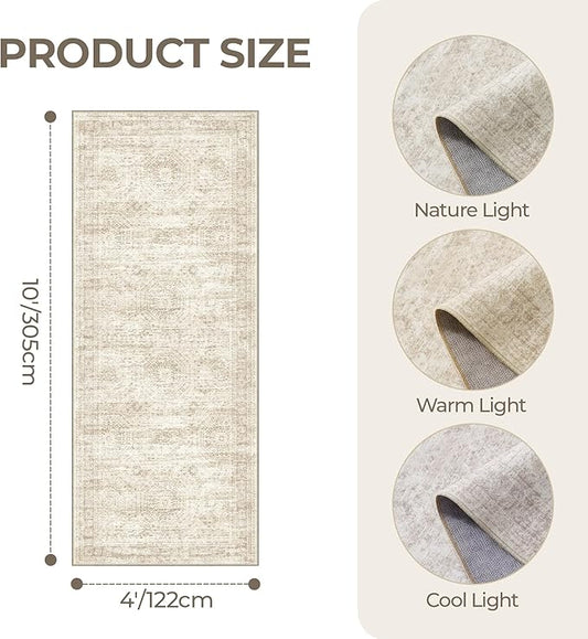 4x10 Runner Rug, Washable Hallway Runner Rug with Non-Slip Backing, Low Pile Wide Runner for Living Room, Entryway, Kitchen, Soft Modern Home Decor Mat for Dining Room(4'x10', Beige/Ivory)