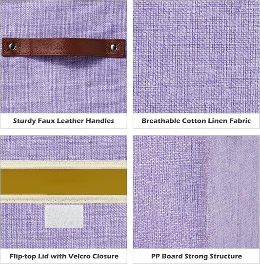 2PCS Storage Boxes with Lid Cotton Linen Fabric Storage Bins Organizer Container Decorative Collapsible Washable Shelf Closet Baskets Faux Leather Handles Home Bedroom (Purple, Large)