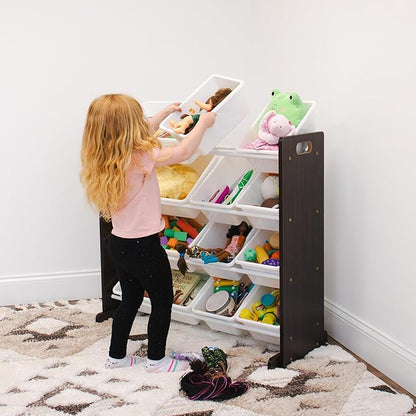 Humble Crew Kids Toy Storage Organizer with 12 Plastic Bins, Espresso/White – Removable Bins for Playroom, Bedroom, Toddler Furniture for Boys and Girls Ages